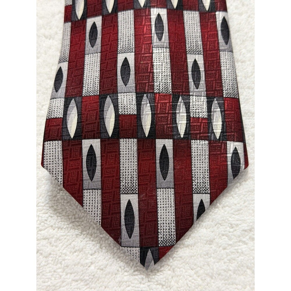 Pierre Cardin Silk Tie Retro Red Black Silver Geometric 56"x4"